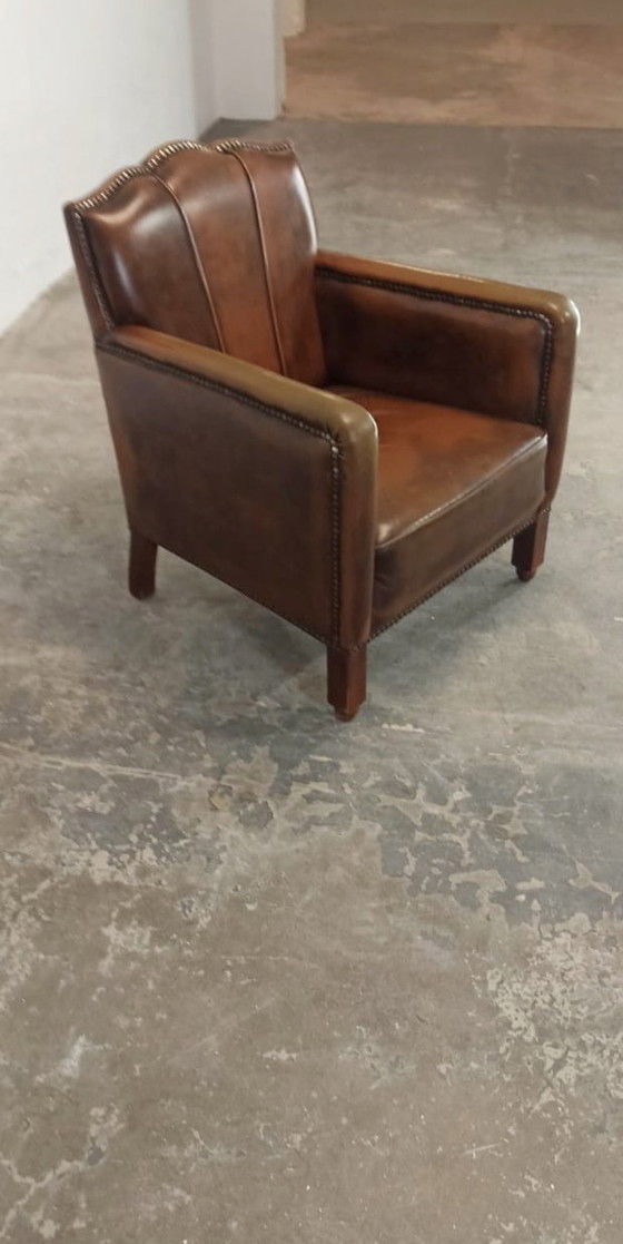 Image 1 of Fauteuil vintage Art Déco en cuir cognac