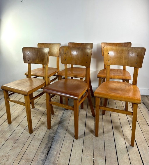 Juego de 6 sillas de bistró Thonet vintage de madera, década de 1960.