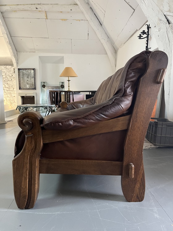 Image 1 of Conjunto de sofá y 2 sillones de los años 60 en madera y cuero