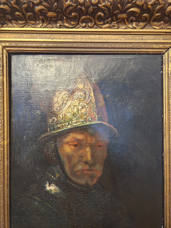 Image 1 of Pintura al óleo antigua - "El hombre del casco de oro" - Según Rembrandt van Rijn - ca. 1900 - Incluye marco barroco monumental