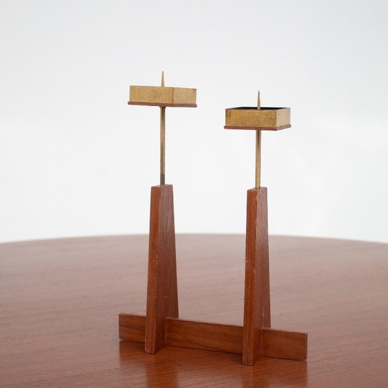 Image 1 of Skandinavische Kerzenhalter aus Teak und Messing, Mid-Century Design