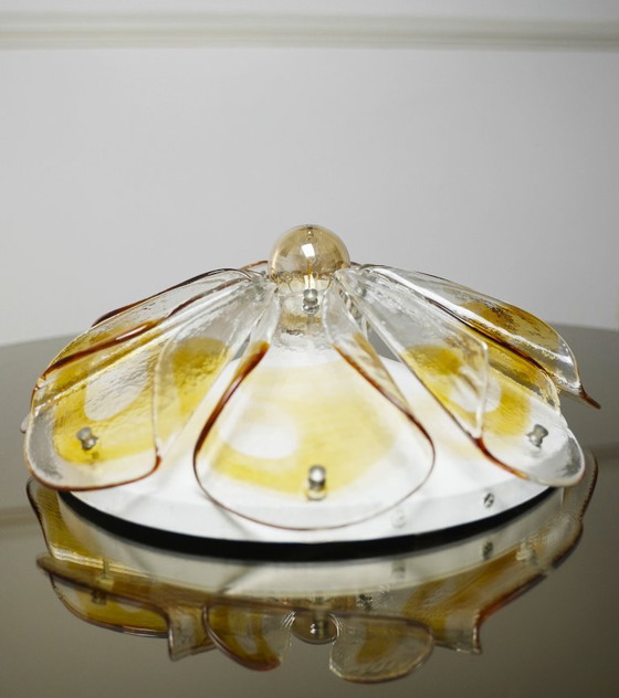 Image 1 of 1970s Amber Glass Petal Ceiling Light, Murano Style Flush Mount, Vintage Hand-Blown Mid Century MCM Lamp