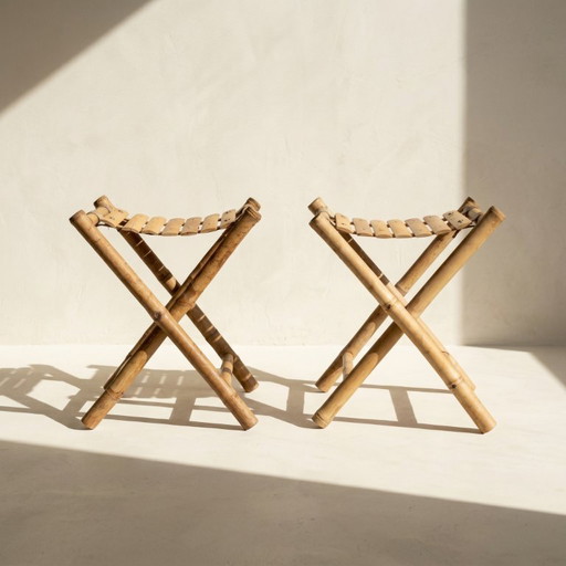 Par de taburetes de pescador vintage de bambú