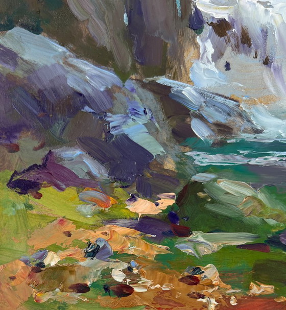 Image 1 of Original Oil Painting Coastal Rock Landscape Mountain waterfall