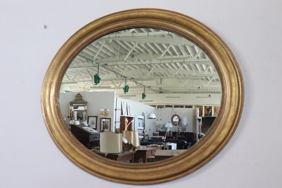 Image 1 of Antieke vergulde houten ovale wandspiegel, 19e eeuw