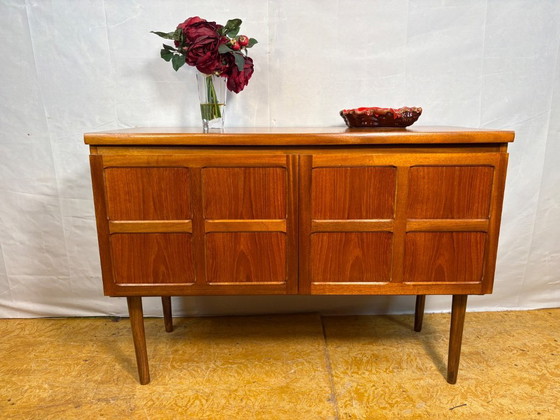 Image 1 of Mid-Century Retro Vintage Teak Sideboard by Nathan 1960s    Square Design • Two Doors • British Design Classic    A striking mid