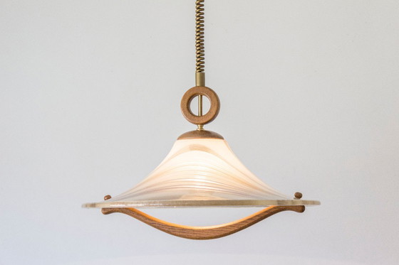 Image 1 of Large 1970s Cristallux Organic Brutalist Rise & Fall Pendant – Handarbeit West Germany – Acrylic & Solid Wood