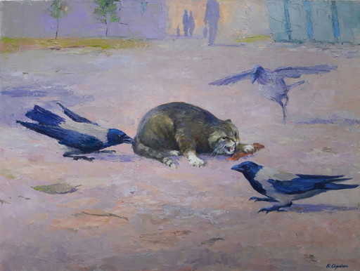 Peinture à l'Huile Originale Animaux Chat Oiseaux Stratégie du Corbeau