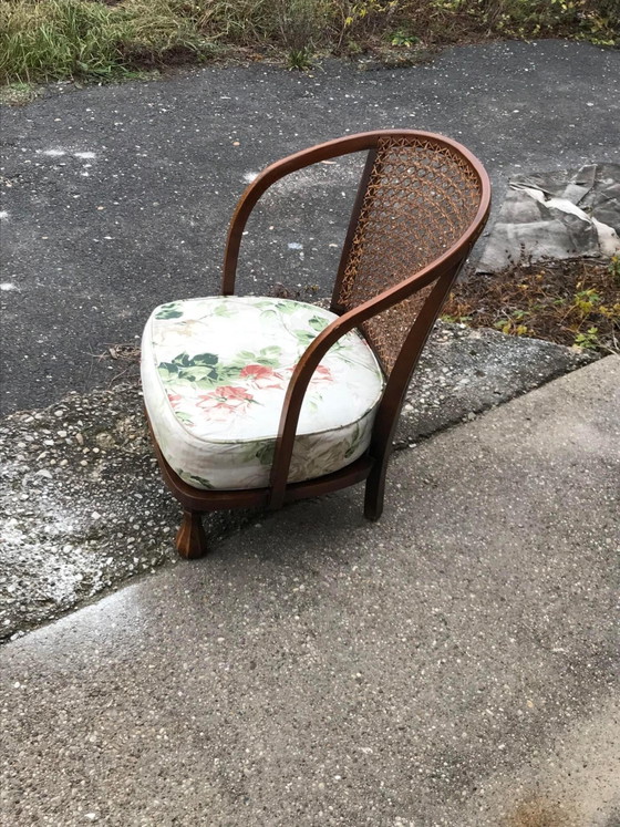Vintage Floral Fabric and Wood Armchair, 1950s, Brown, Mid Century Modern (photo 3 of 9)