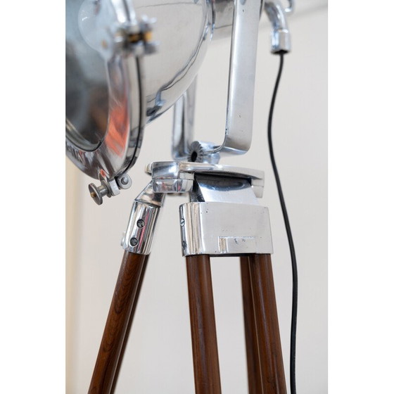 Image 1 of Pair of vintage tripod floor lamps in anodized aluminum and cherry wood, Italy 1989