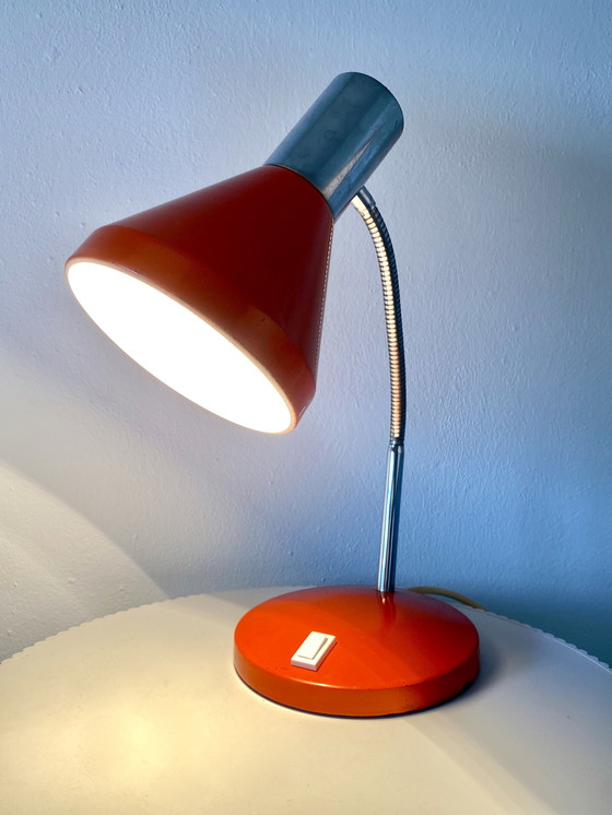 Image 1 of Vintage Orange Desk Lamp 1970s Design - Small Retro Tabletop Gooseneck Lamp