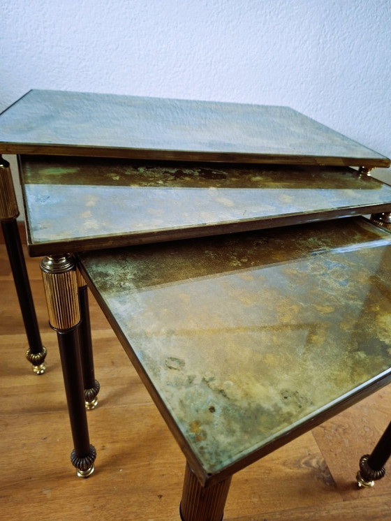 Image 1 of Vintage Maison Jansen style table nest in bronze and Verre Églomisé