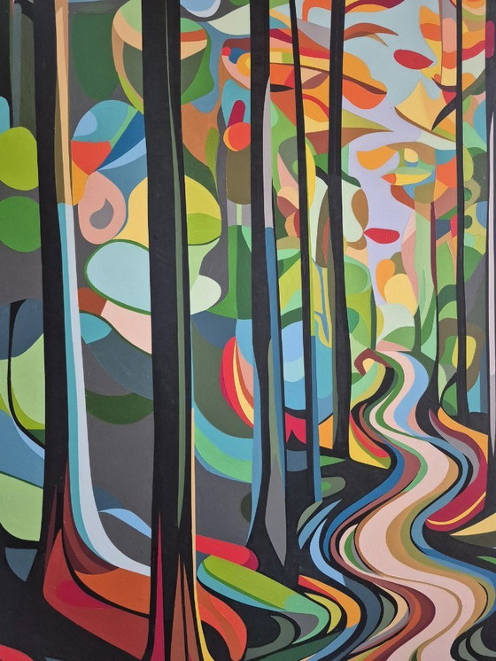 Image 1 of Colorful abstract forest landscape - 'Behind the Trees' by Franklin van Dam - Acrylic on MDF - 95 x 95 cm