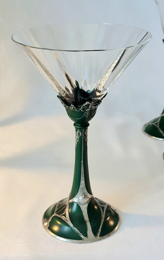 Art Nouveau 8 Glazen Set Kristal op Metalen Voet Groen Zilver 19e Eeuw Top – Glazen & Karaffen, Crystal (photo 7 of 14)