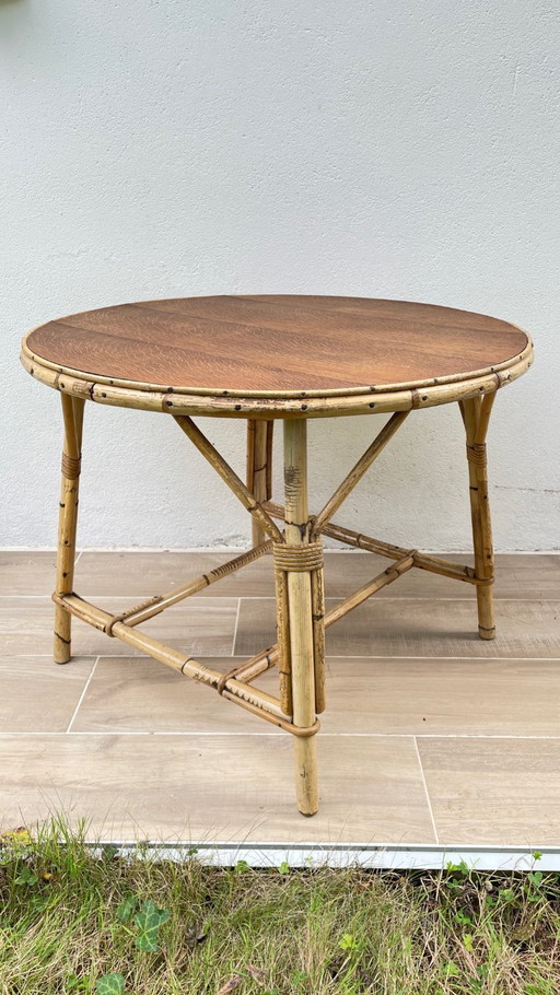 ROUND LOW TABLE Rattan and Oak VINTAGE