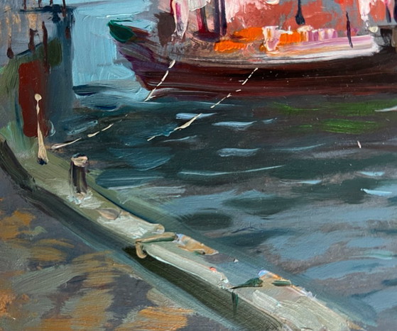 Image 1 of Original Oil Painting City Coastal Landscape Ship at the pier