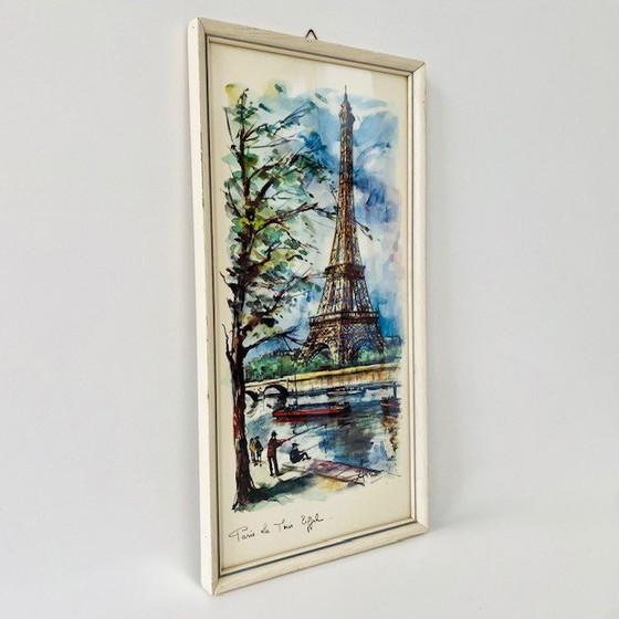 Image 1 of Peinture aquarelle Mid Century Paris Tour Eiffel Arno 1970