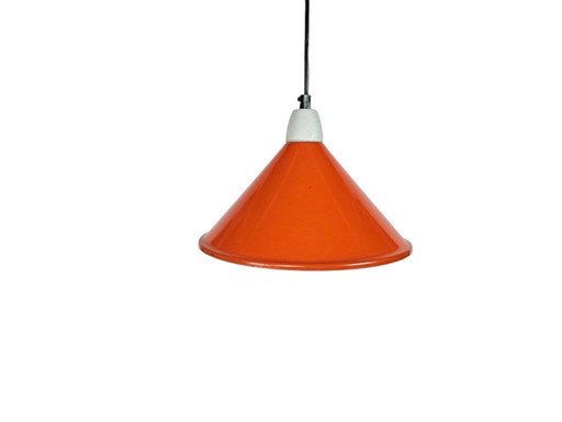 Lámpara colgante de diseño industrial en metal | Naranja | Casquillo de porcelana | Años 80