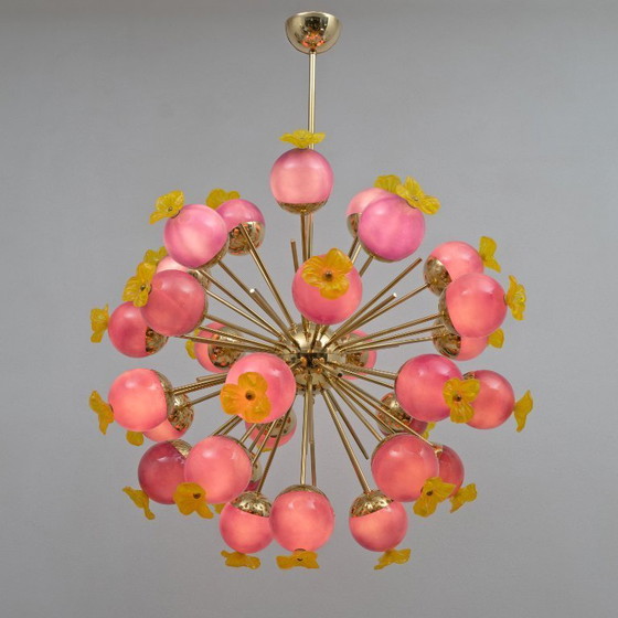 Image 1 of Italian Murano Glass and Brass Sputnik Chandelier, Yellow and Purple Spheres