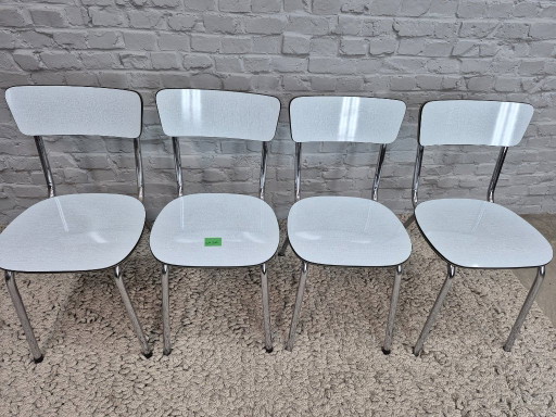 Set of 4 Vintage Design Kitchen Chairs by Brabantia, White Linen-Textured Formica with Black and Silver Trim, The