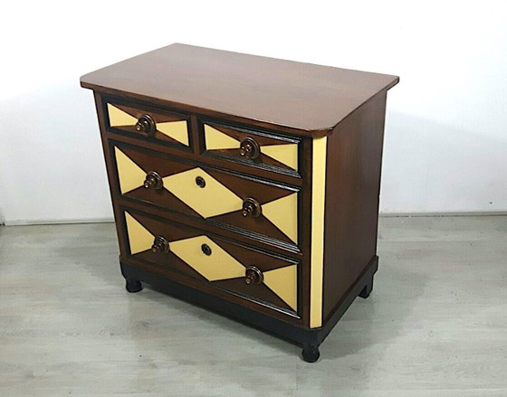 Image 1 of Antique chest of drawers with 4 drawers, Wilhelminian style dark walnut with shabby yellow, around 1890