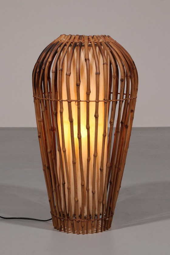 Image 1 of Midcentury Floor Lamp Rattan, Bamboo and Fabric Franco Albini, Italy 1960s
