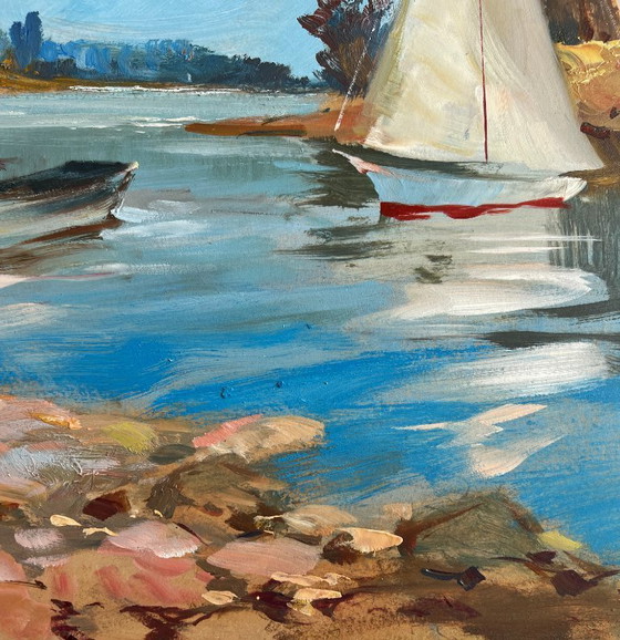 Image 1 of Original Oil Painting River Boats Landscape Sailing on a yacht