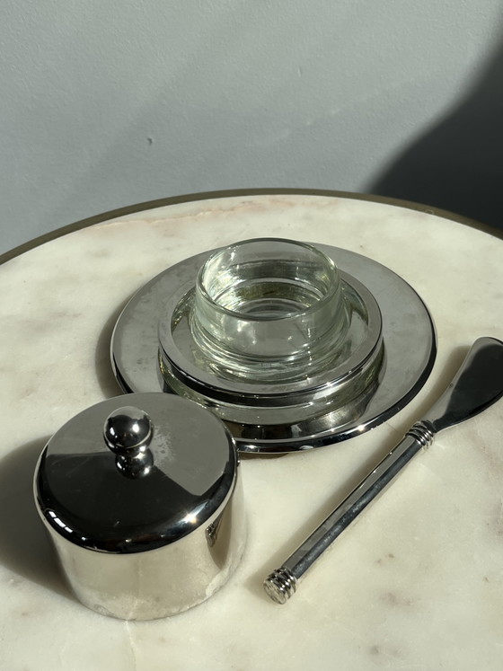 Vintage Hollywood Regency Verzilverde Botervloot Met Mesje – Lion Silver, Tafelaccessoires, Glass, Silver (photo 6 of 6)