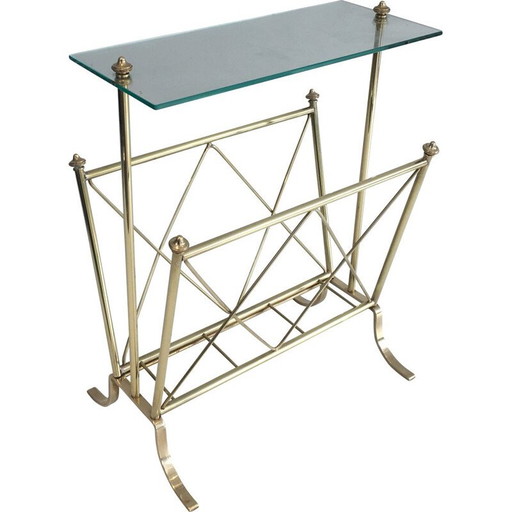 Vintage brass magazine rack and Neoclassical glass shelf, 1940