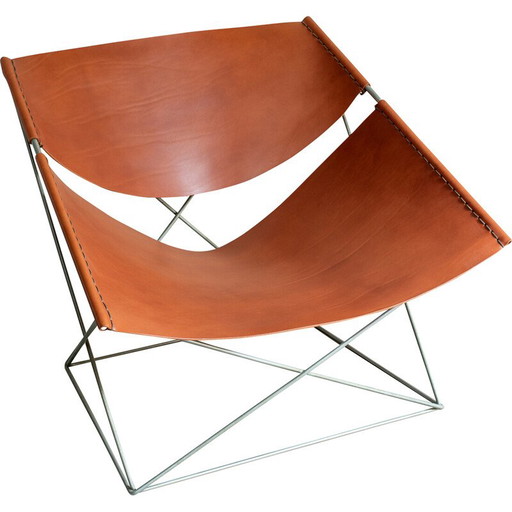 Vintage "Butterfly" armchair in metal and havana leather by Pierre Paulin, 1965