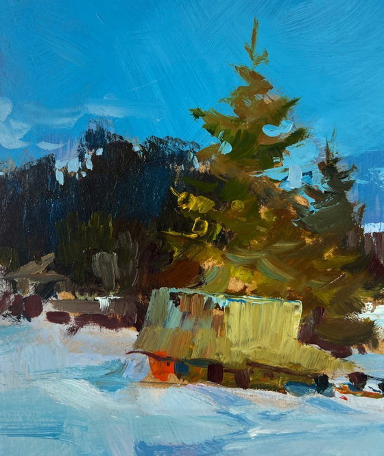 Image 1 of Original Oil Painting Snow Field Landscape Frozen winter river