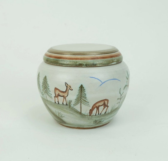 Image 1 of petit pot peint à la main avec couvercle par fritz van daalen ceramics 1950s west german pottery