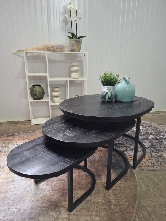 Image 1 of Sturdy oval coffee table set made of mango wood and metal, new