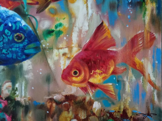 Peinture à l'huile originale Expressionnisme abstrait Monde sous-marin Poisson – Peintures et dessins, Canvas (photo 5 of 8)
