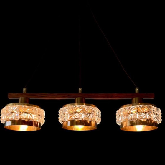 Image 1 of Mid Century, 1960s Carl Fagerlund Attributed teak & Brass Chandelier with Crystal Glass Shades