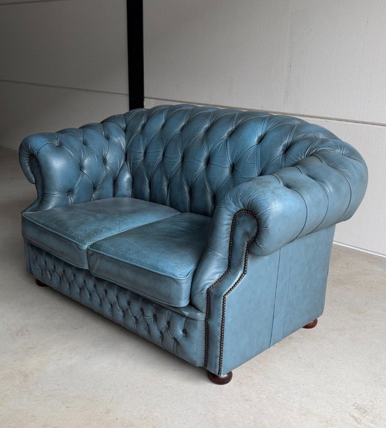 Chesterfield Winchester Furniture 2-seater sofa, 2 seaters, Leather, Blue (photo 2 of 15)