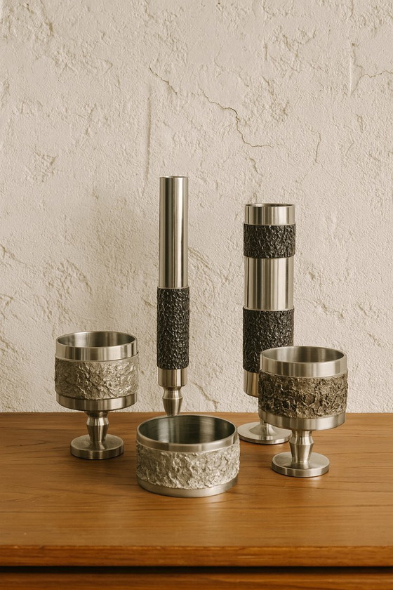 Image 1 of Set of 5 Brutalist steel vases and bowls 1970