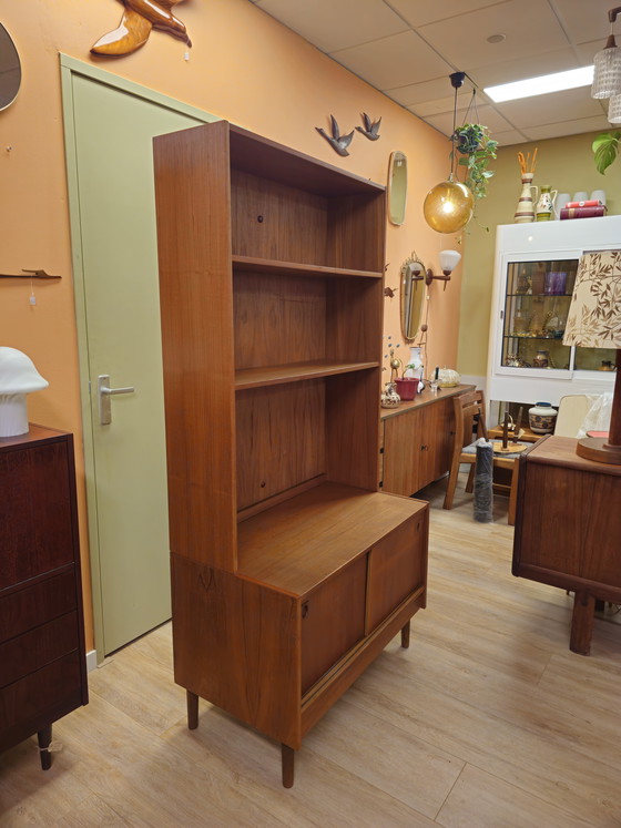 Image 1 of Vintage Danish Teak Highboard Bookcase Sliding Door Cabinet