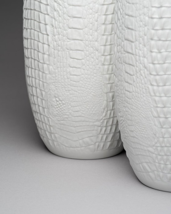 Image 1 of XL Manfred Frey Kaiser Bisque Porcelain Vase Crocodile Reptile Relief Op-Art Duo