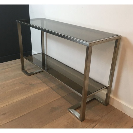 Image 1 of Vintage Console in Brushed Steel and Smoked Glass Trays 1970