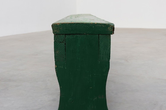 Image 1 of Panca rustica primitiva verde in rovere massiccio, Francia ca. 1900