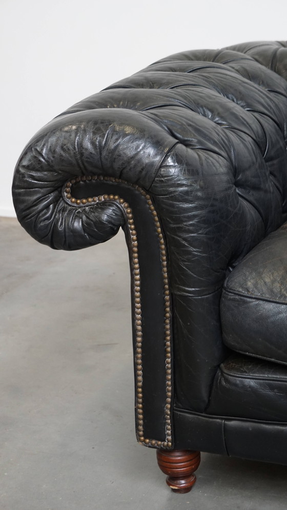 Image 1 of Black Beef Leather Chesterfield 2.5-Seater Sofa in English Style