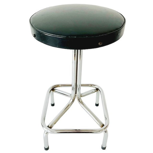 Tabouret vintage à structure tubulaire chrome noir