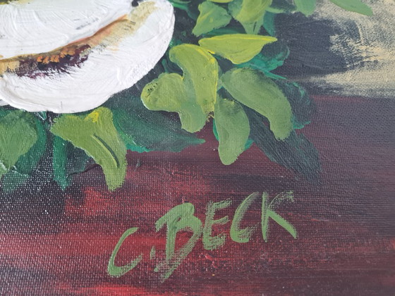 Image 1 of Still life bouquet of flowers, painting by Christin Beck on a heavy wooden panel