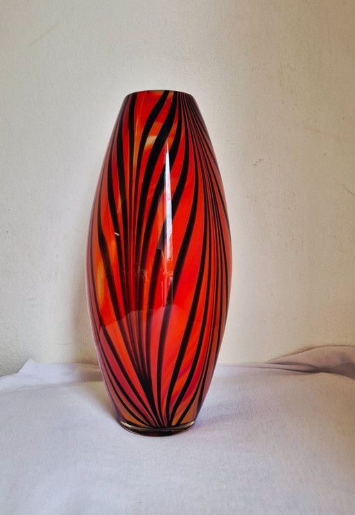Impressive Large Vintage Art Glass Vase (34 cm) - Flame / Tiger Pattern