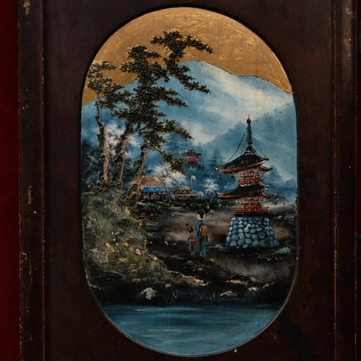 Vintage Rood Chinees Kamerscherm (Traditioneel Landschap Tempels) Oosters / Bohemian Paravent – kamerschermen (photo 2 of 15)