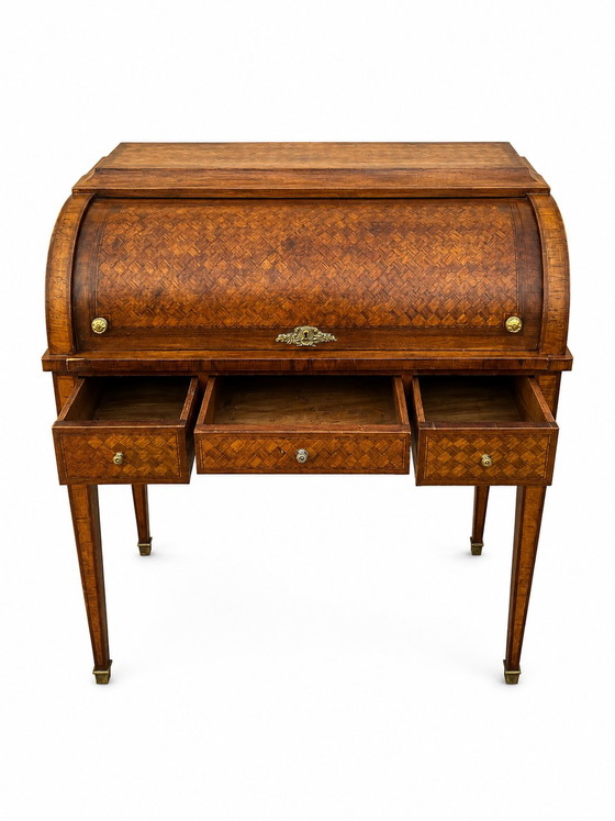 Bureau Secrétaire à Cylindre Louis XVI Marqueterie en Croisillons – Bureaux, Wood (photo 9 of 10)