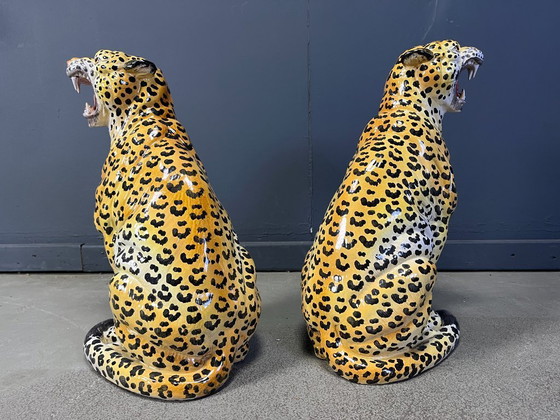 Image 1 of Pair of Italian Glazed Terracotta Leopard Figures, 1960s