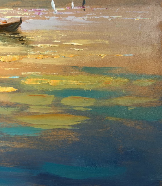 Image 1 of Original Oil Painting Evening City Landscape The flaming evening horizon