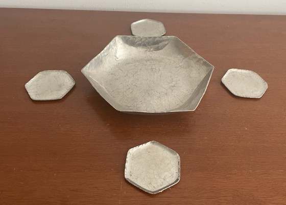 Image 1 of J.J. Davids Amsterdam - Juego de posavasos Art Déco de peltre plateado martillado a mano para licor o oporto